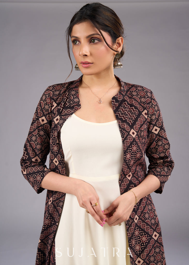 Mystic Charcoal Long Ajrakh Print Jacket