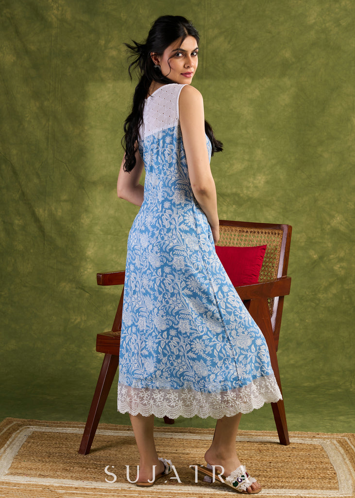 Lace-Trimmed Dress. Light Blue Floral Rayon Print With Delicate Lace Trims