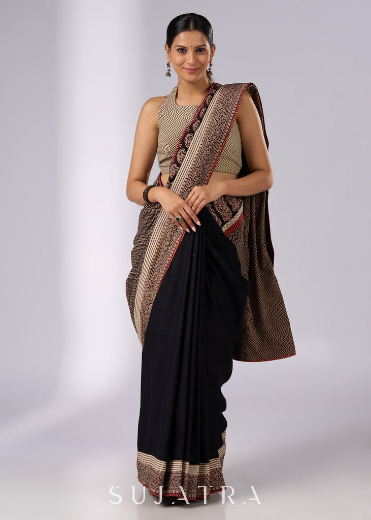 Exclusive Ajrakh combination cotton saree with floral Ajrakh borders