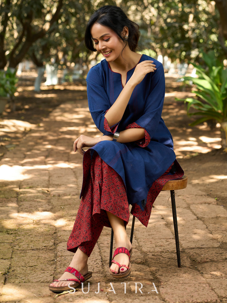 Indigo Charm Handcrafted Cotton Kurta with Contrast Kantha Lines, Contrast Piping & Ajrakh Interfacing