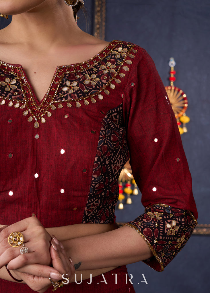 Maroon Cotton Lehenga With All Over Mirror Work & Embroidered Blouse With Matching Dupatta.