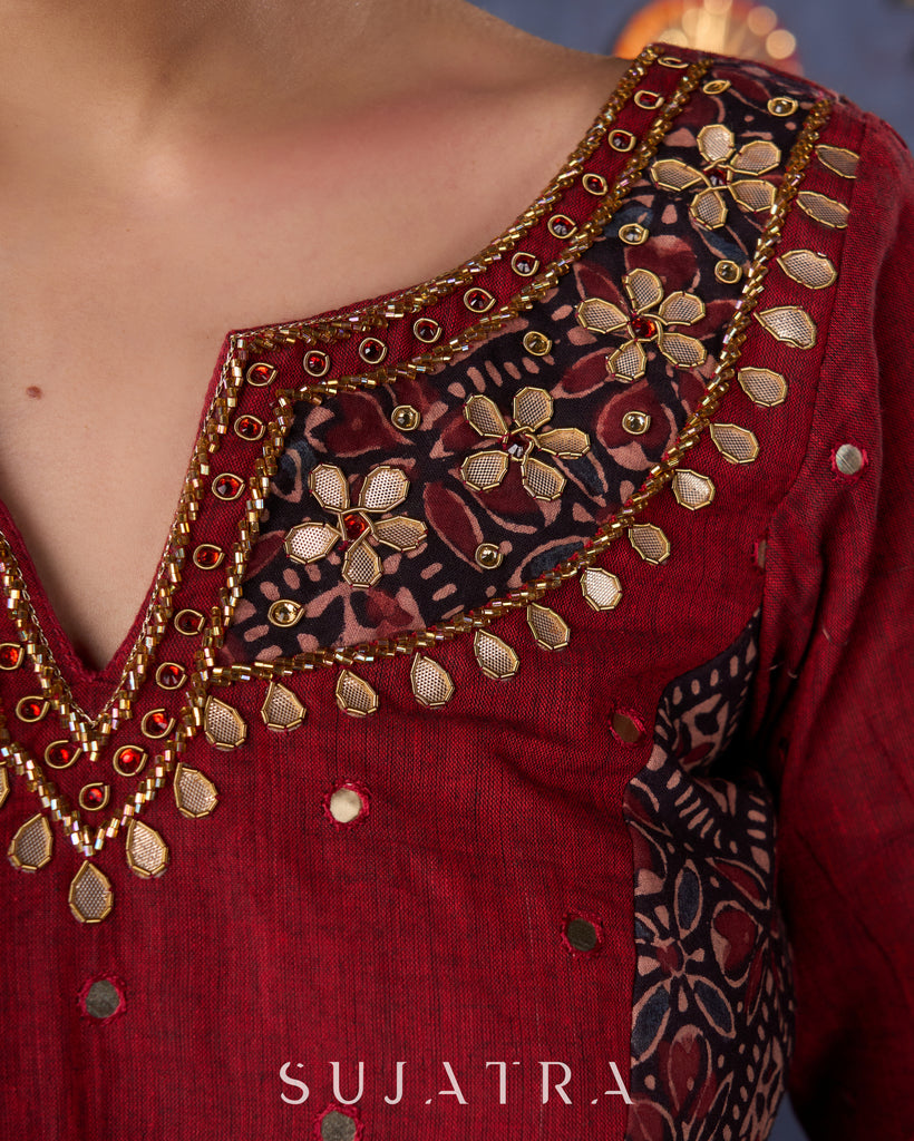 Maroon Cotton Lehenga With All Over Mirror Work & Embroidered Blouse With Matching Dupatta.