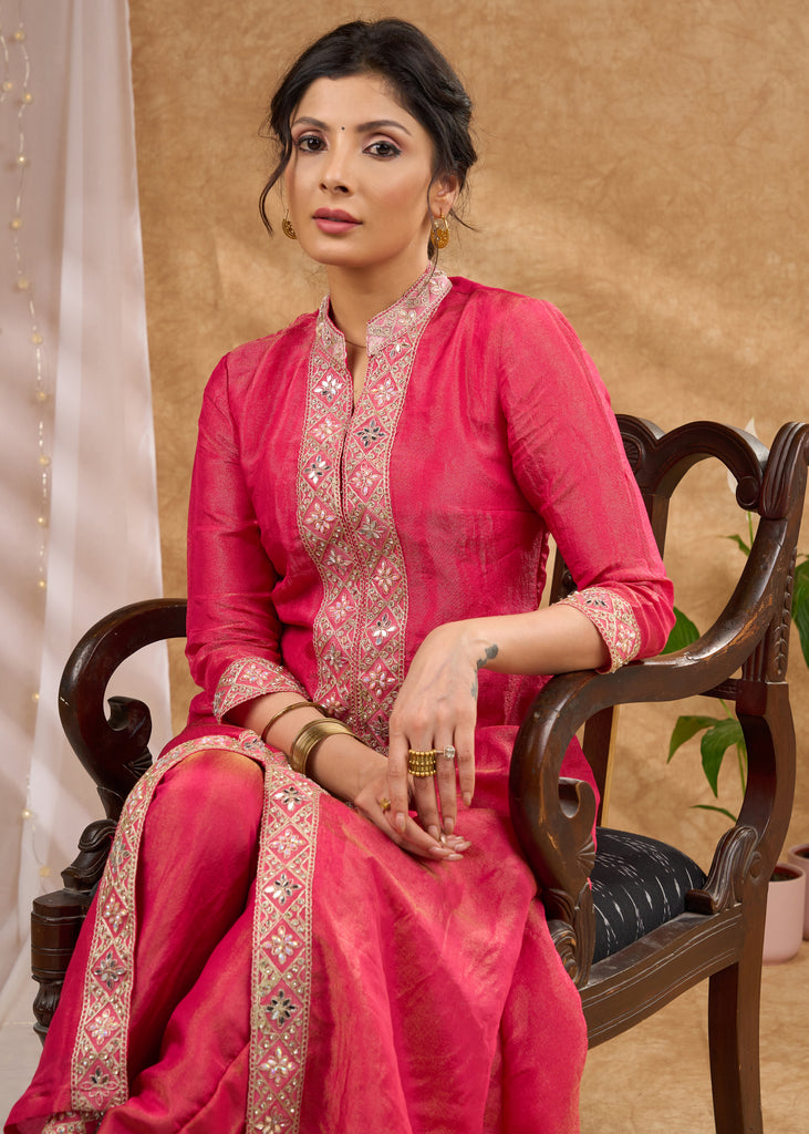 Delicate pink kurta with subtle highlights and details Tissue pant optional