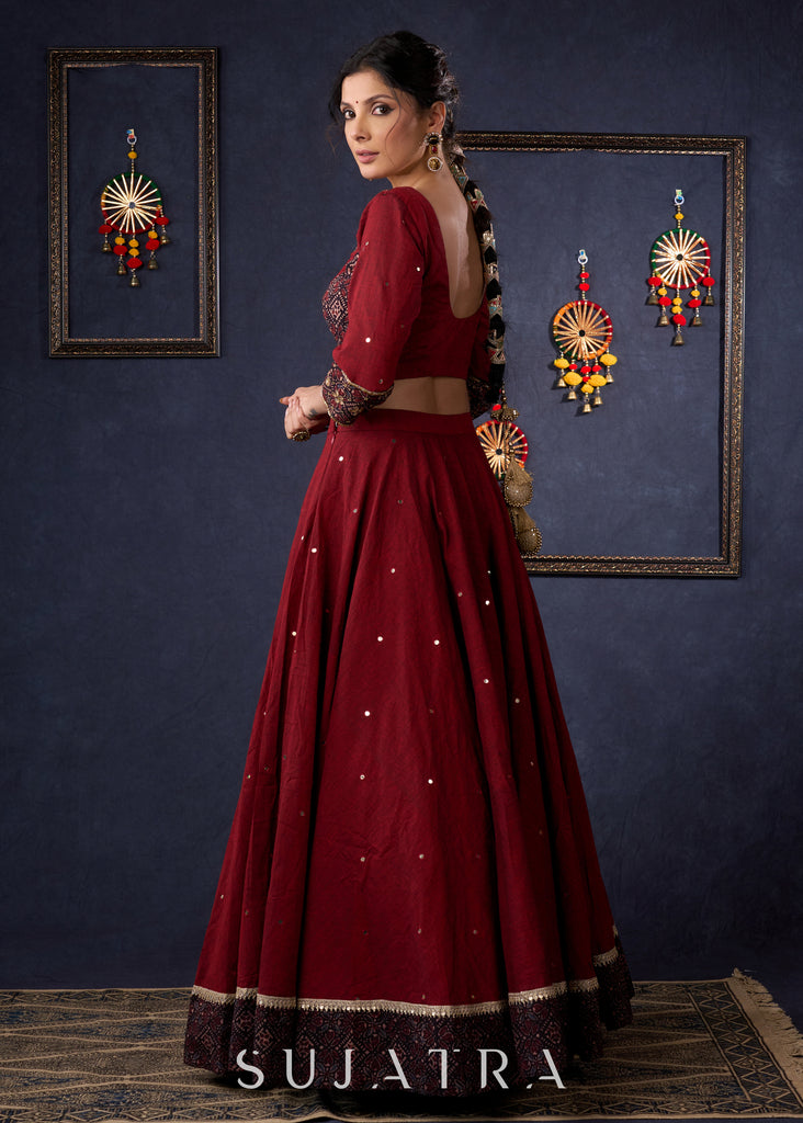 Maroon Cotton Lehenga With All Over Mirror Work & Embroidered Blouse With Matching Dupatta.