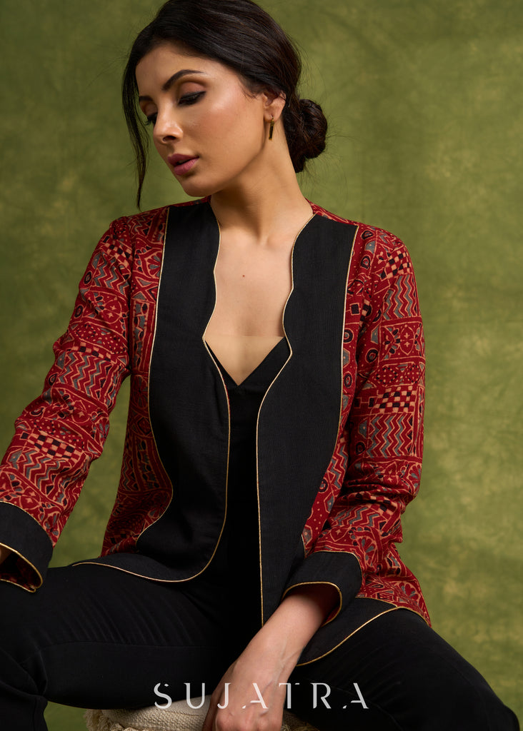 Evening Glamour : Maroon Ajrakh Jacket With Stylish Neckline & Striking Gold Piping