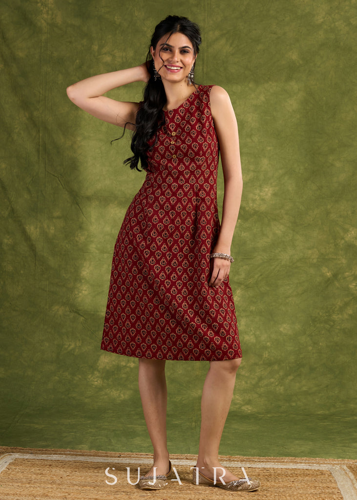 Rust Ajrakh Block Print Cotton Dress. Earthy Rust Tones With Intricate Block Prints