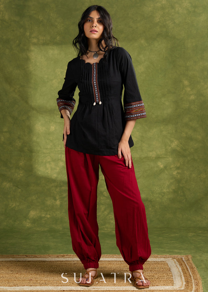 Black Cotton Ikkat Combination Top - Pant Optional