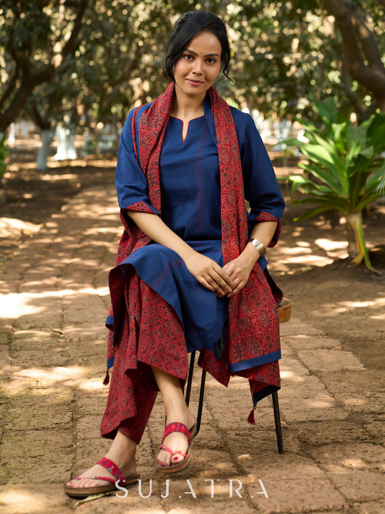 Indigo Charm Handcrafted Cotton Kurta with Contrast Kantha Lines, Contrast Piping & Ajrakh Interfacing