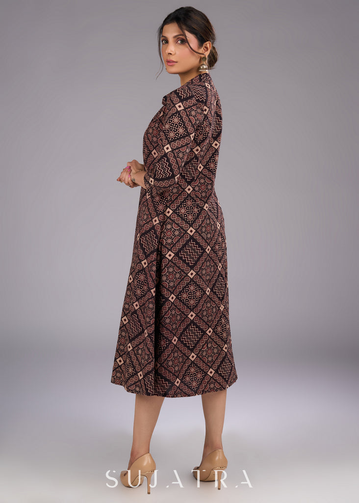 Mystic Charcoal Long Ajrakh Print Jacket