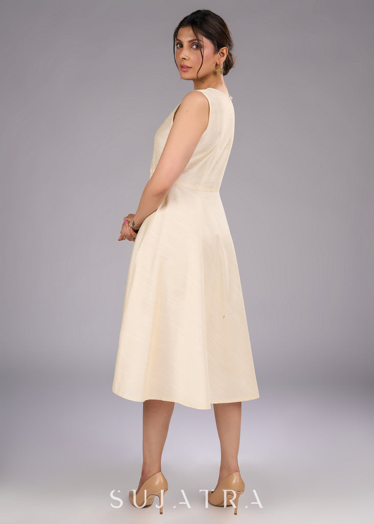 Elegant Cream Cotton Silk Sleeveless Dress