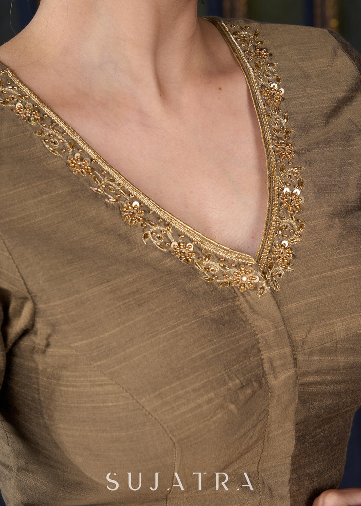 Beautiful Hand Embroidered Dark Gold Blouse