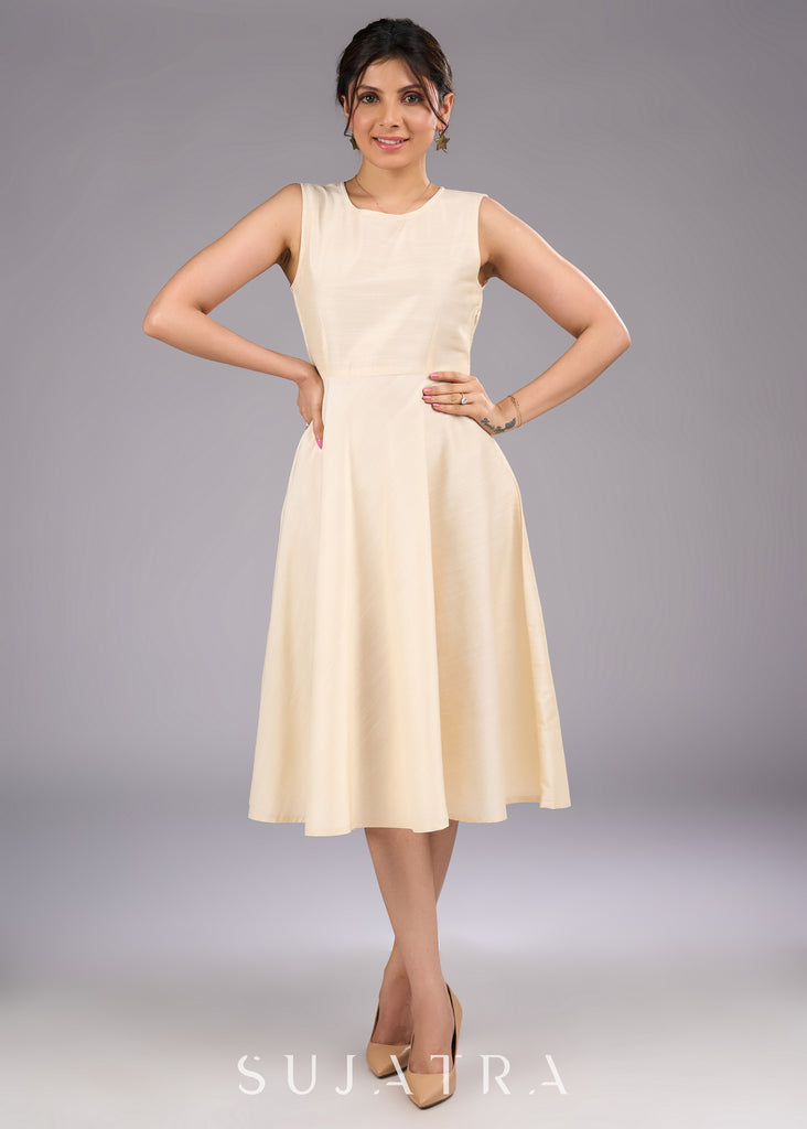 Elegant Cream Cotton Silk Sleeveless Dress