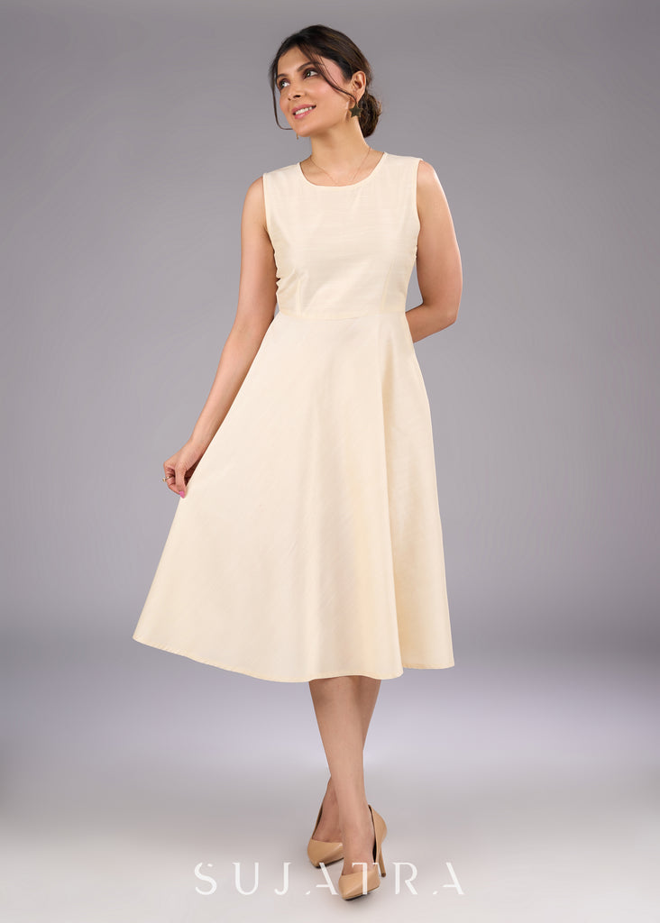 Elegant Cream Cotton Silk Sleeveless Dress