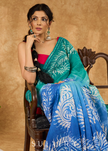 Unique Blue Ombre-Effect Designer Cotton Saree Featuring Authentic Hand-Done Batik Work