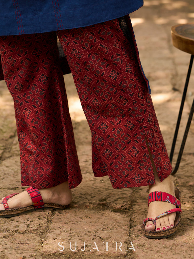 Indigo Charm Handcrafted Cotton Kurta with Contrast Kantha Lines, Contrast Piping & Ajrakh Interfacing