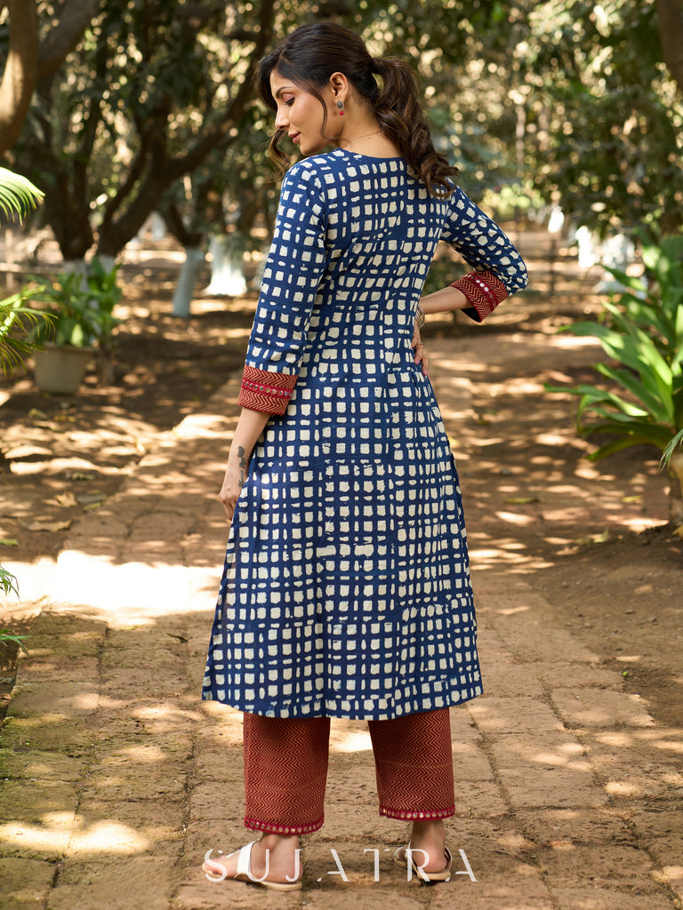 Indigo Grace Handblock Kurta with Ajrakh Floral Yoke, Mirror Accents & Geometric Print