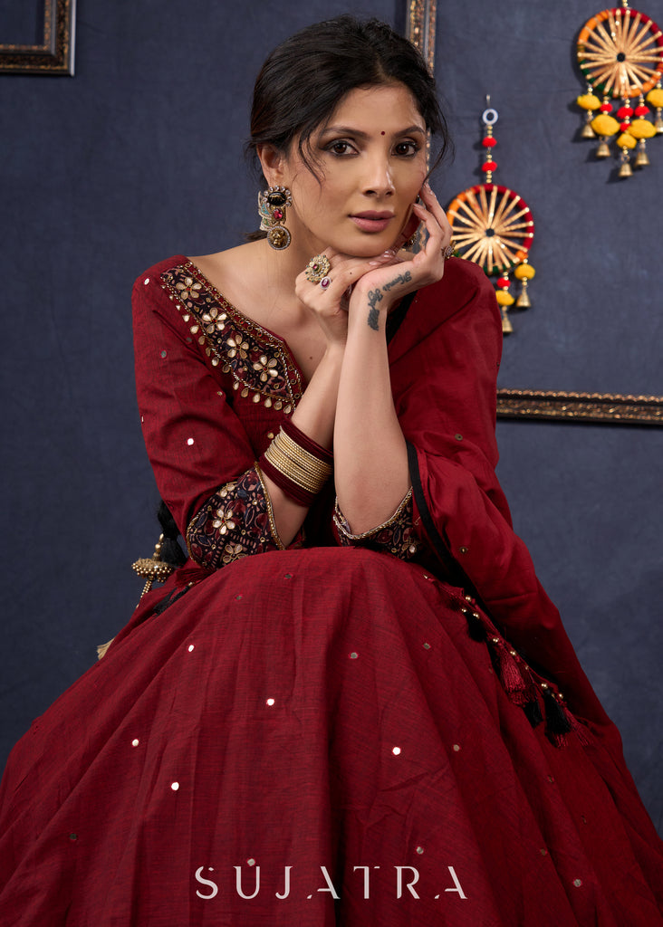 Maroon Cotton Lehenga With All Over Mirror Work & Embroidered Blouse With Matching Dupatta.