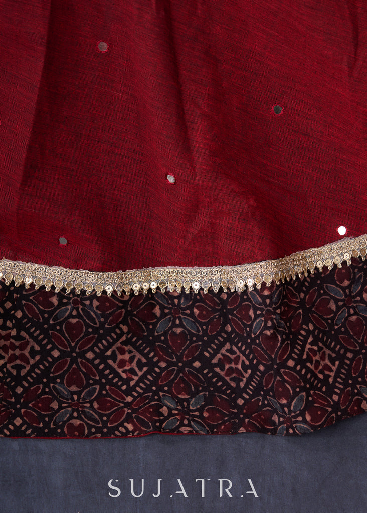 Maroon Cotton Lehenga With All Over Mirror Work & Embroidered Blouse With Matching Dupatta.