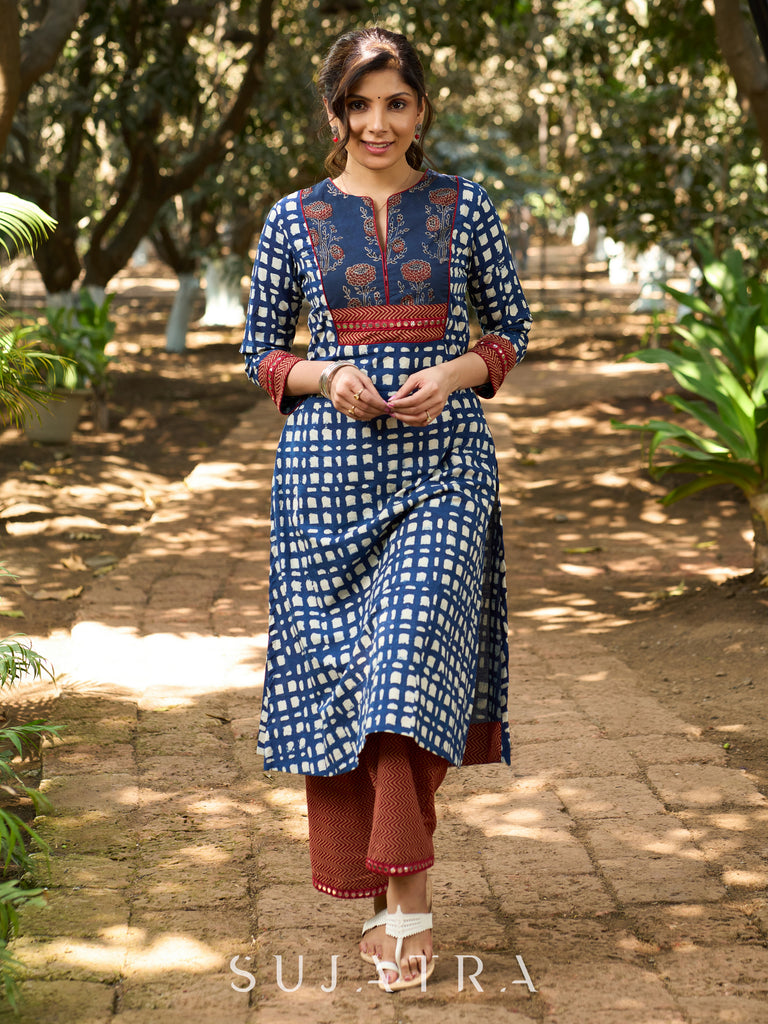 Indigo Grace Handblock Kurta with Ajrakh Floral Yoke, Mirror Accents & Geometric Print