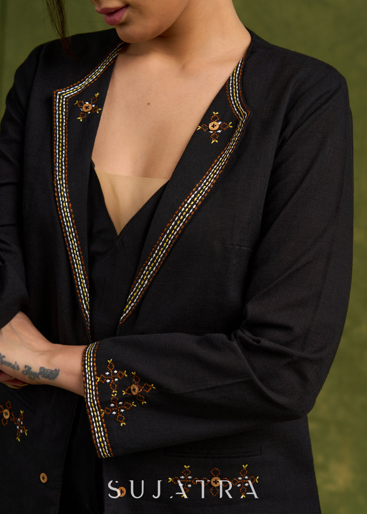 Artisanal Elegance : Black Cotton Jacket With Kantha Stitch Embroidery & Hidden Pockets