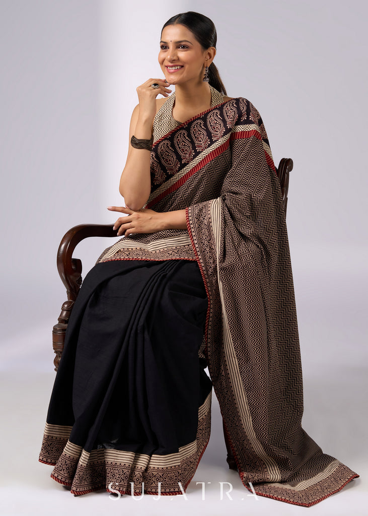 Exclusive Ajrakh combination cotton saree with floral Ajrakh borders