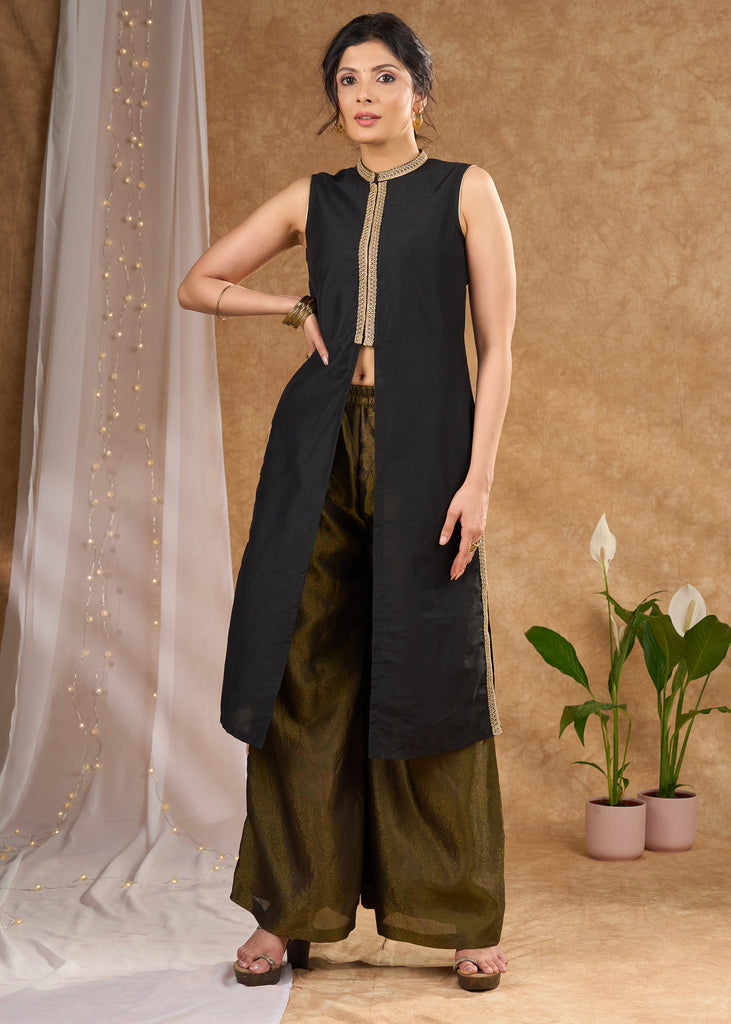 Stylish black cotton silk sleeveless kurta Tissue palazzo optional