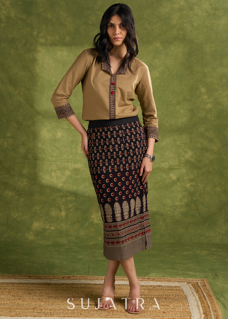 Dark Beige Cotton Ajrakh Combination Top - Skirt Optional