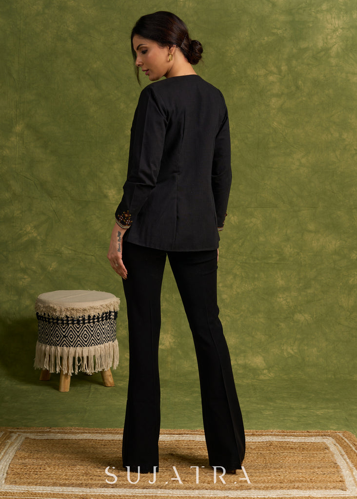 Artisanal Elegance : Black Cotton Jacket With Kantha Stitch Embroidery & Hidden Pockets