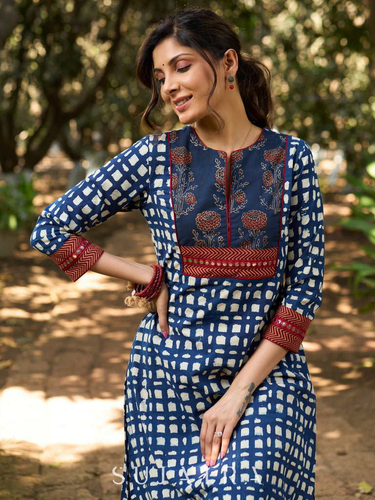 Indigo Grace Handblock Kurta with Ajrakh Floral Yoke, Mirror Accents & Geometric Print