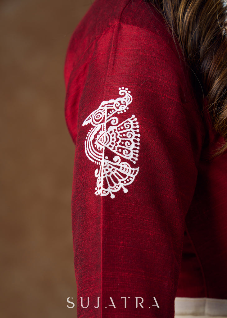 Cotton silk blouse with intricate hand-painted peacock motifs and elegant detailing