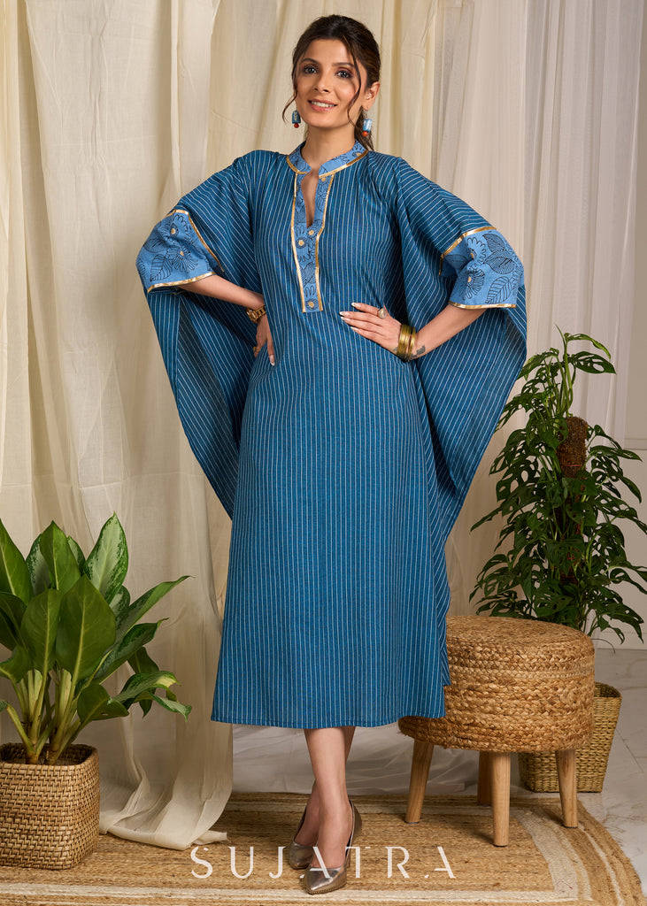 Flowy striped cotton blue kaftan with delicate floral block prints and golden accents