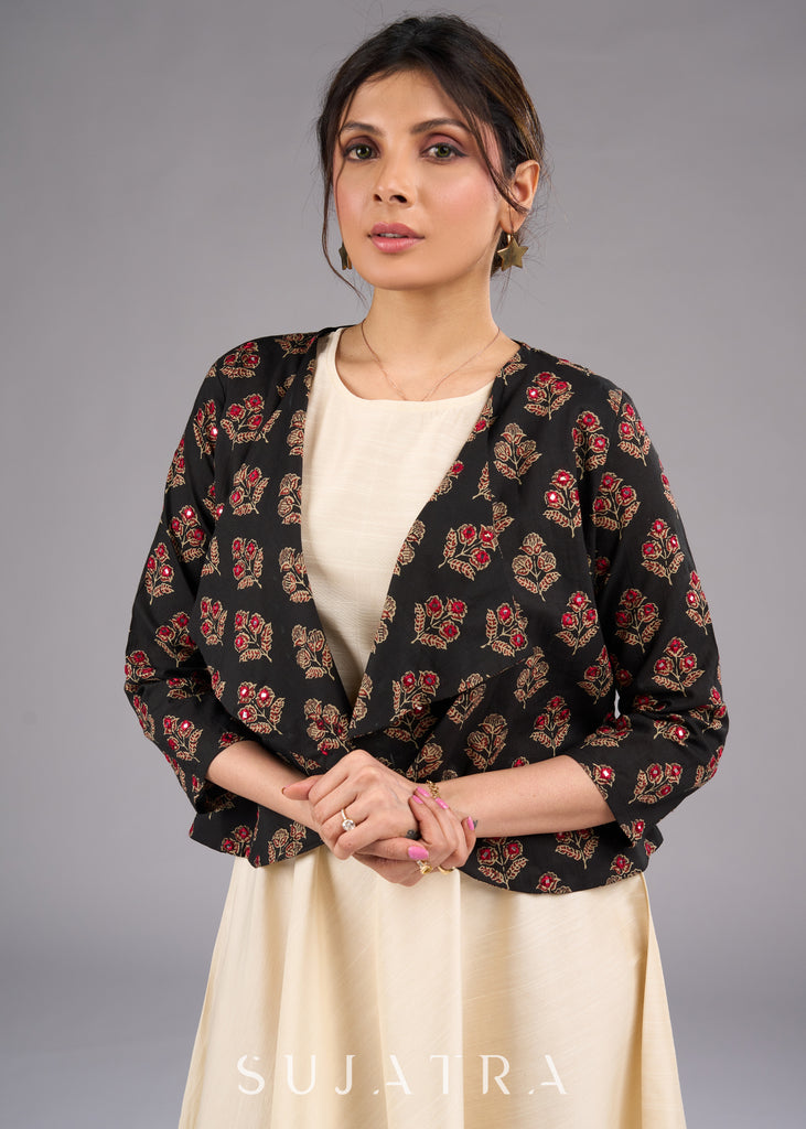 Elegant Printed Ajrakh Jacket with MirrorHand  Embroidery