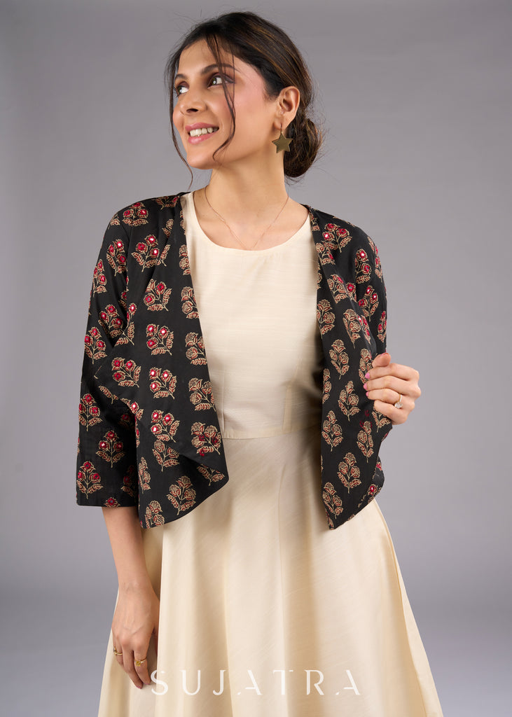 Elegant Printed Ajrakh Jacket with MirrorHand  Embroidery