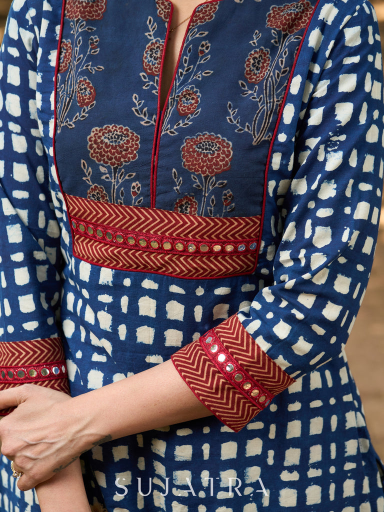 Indigo Grace Handblock Kurta with Ajrakh Floral Yoke, Mirror Accents & Geometric Print