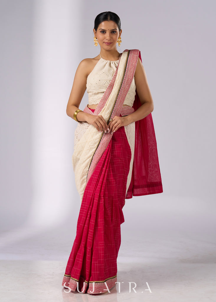 Festive off white haakoba cotton saree with bright chequered pink combination