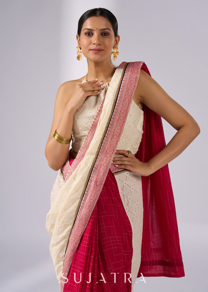 Festive off white haakoba cotton saree with bright chequered pink combination