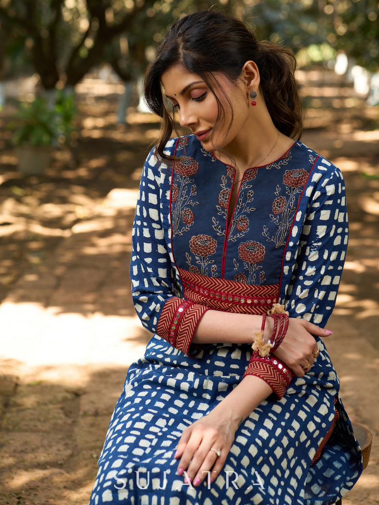 Indigo Grace Handblock Kurta with Ajrakh Floral Yoke, Mirror Accents & Geometric Print