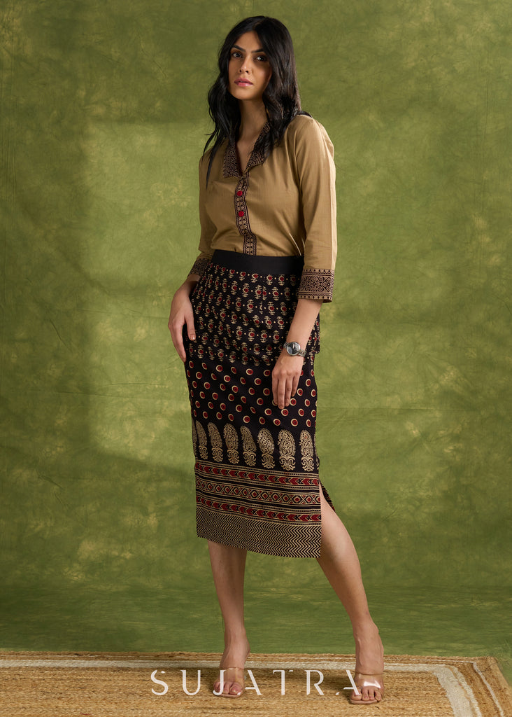 Dark Beige Cotton Ajrakh Combination Top - Skirt Optional