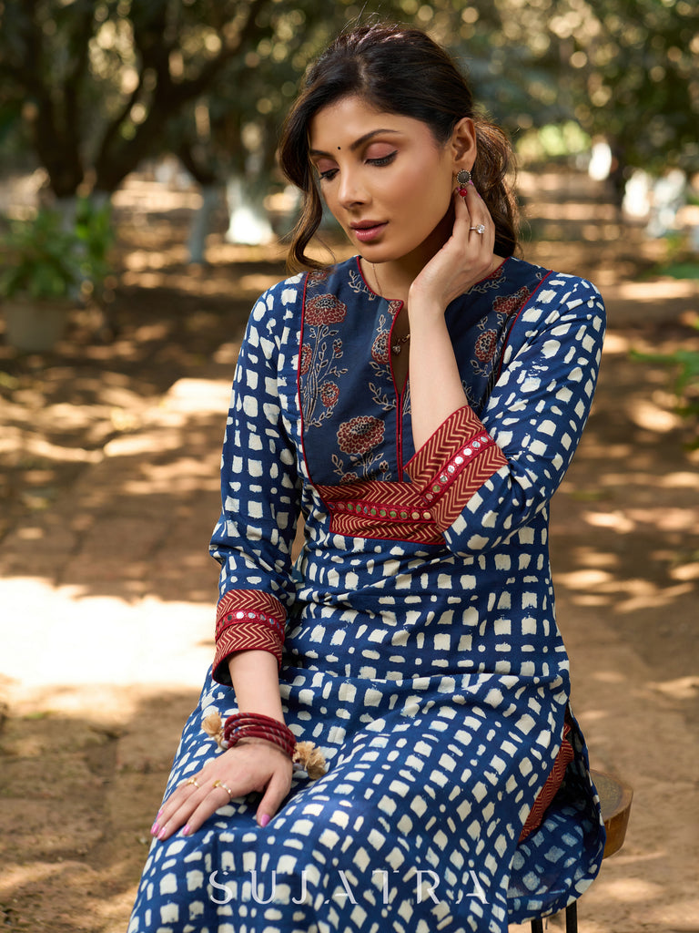 Indigo Grace Handblock Kurta with Ajrakh Floral Yoke, Mirror Accents & Geometric Print