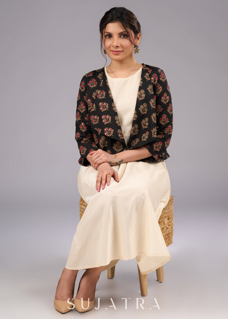 Elegant Printed Ajrakh Jacket with MirrorHand  Embroidery