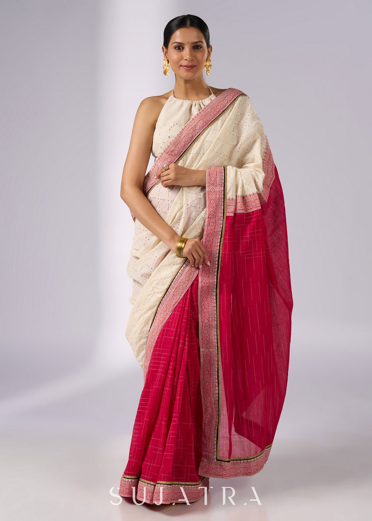 Festive off white haakoba cotton saree with bright chequered pink combination