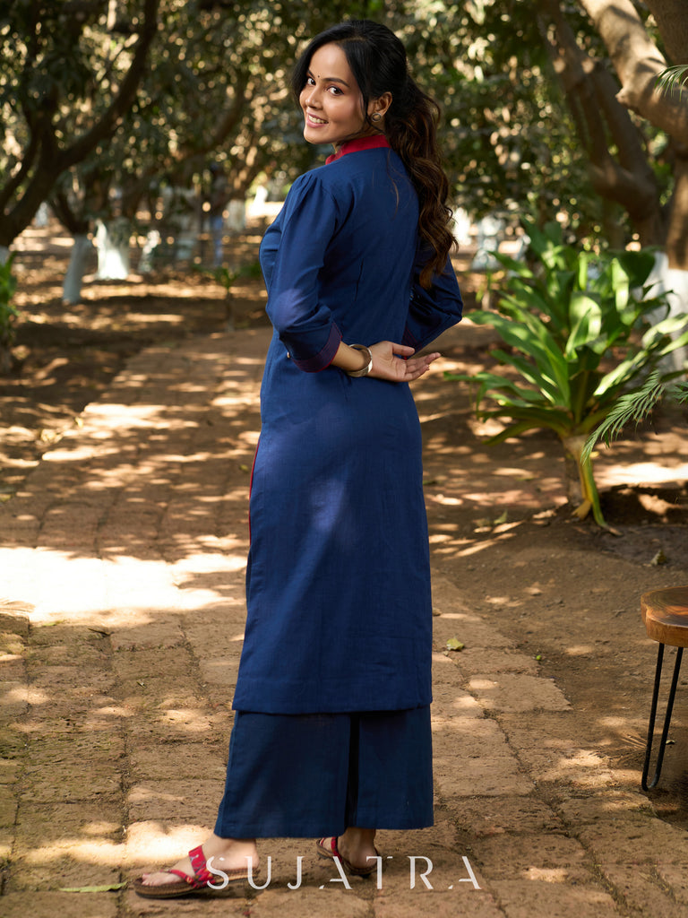 Elegant Indigo Kurta with Contrast Kantha Stitch Detailing and Button Accents