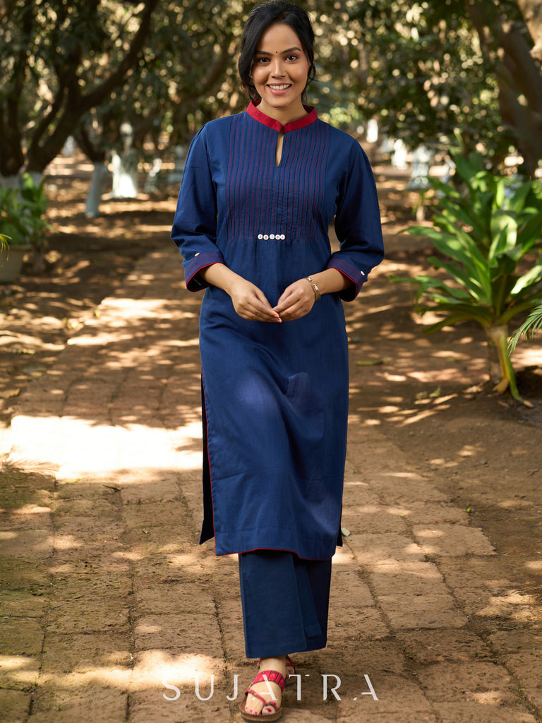 Elegant Indigo Kurta with Contrast Kantha Stitch Detailing and Button Accents