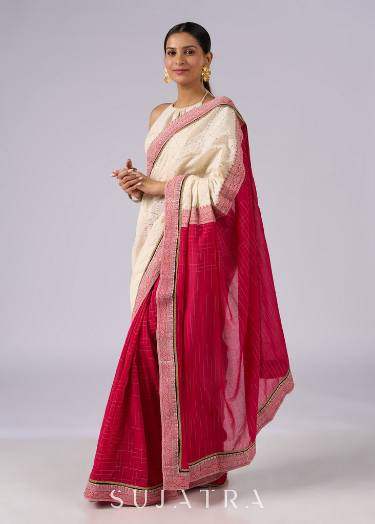 Festive off white haakoba cotton saree with bright chequered pink combination