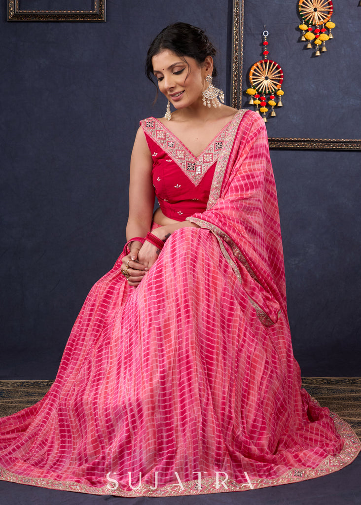 Pretty Pink Shibori Lehenga With Stone Embellishments On The Blouse & Matching Dupatta.