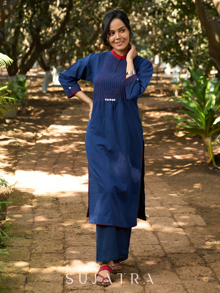 Elegant Indigo Kurta with Contrast Kantha Stitch Detailing and Button Accents