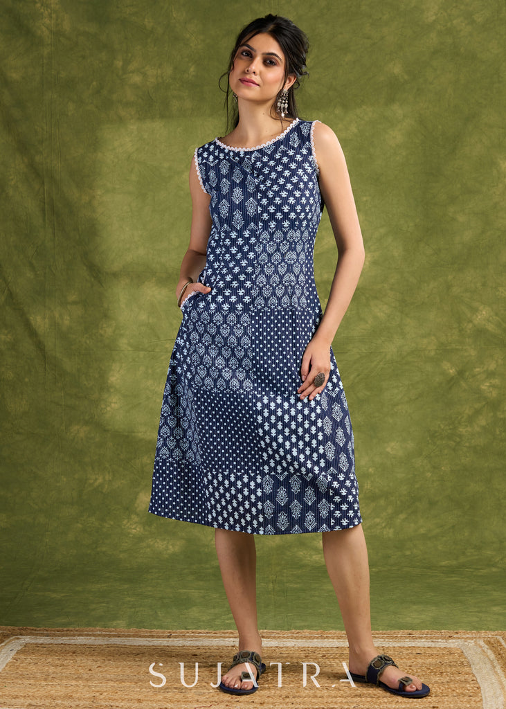 Patchwork Design Indigo Printed Cotton Dress. Unique Indigo Patchwork With Intricate Geometric Prints