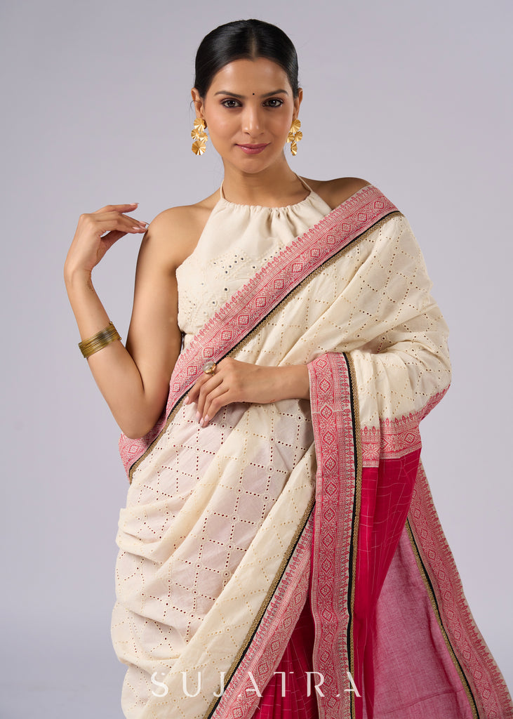 Festive off white haakoba cotton saree with bright chequered pink combination