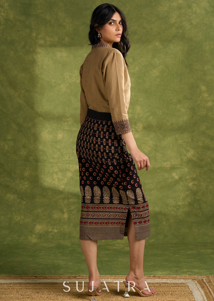 Dark Beige Cotton Ajrakh Combination Top - Skirt Optional