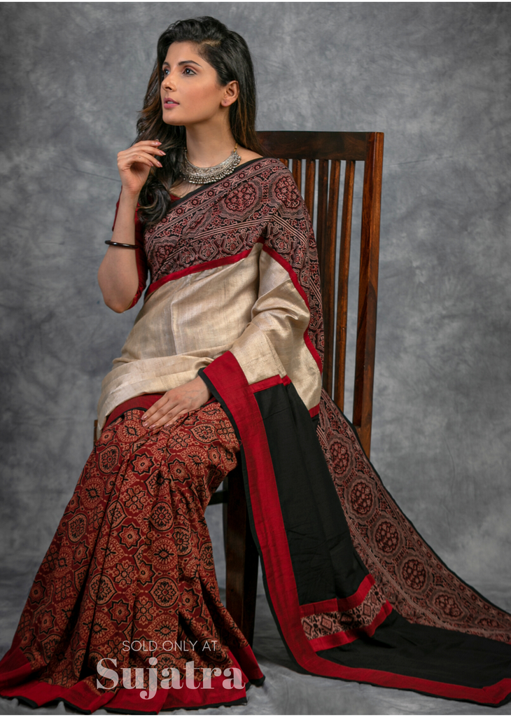 ON SALE Exclusive block printed Ajrakh & pure tussar silk combination saree